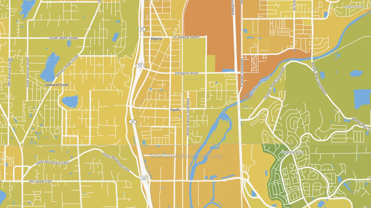 Map of the best neighborhoods in the 98047 area, with better matches in green and worse matches in red