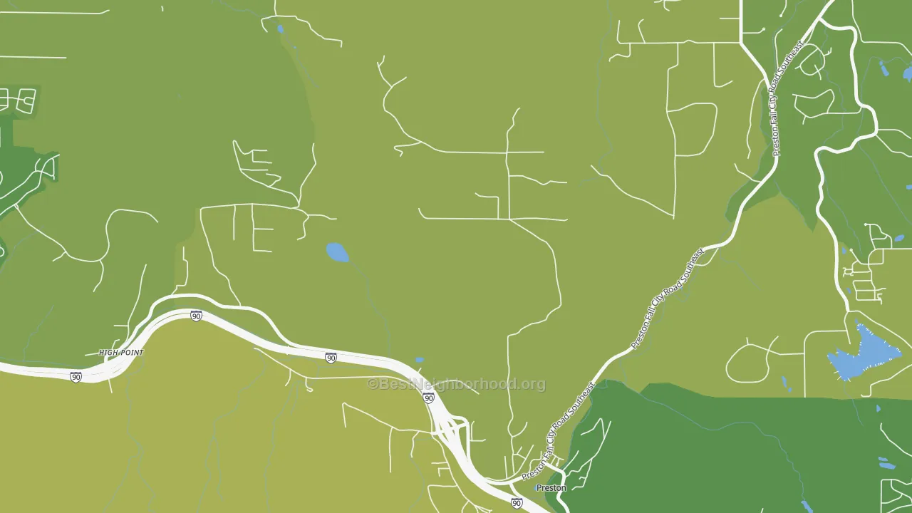 Map of the best neighborhoods in the 98050 area, with better matches in green and worse matches in red