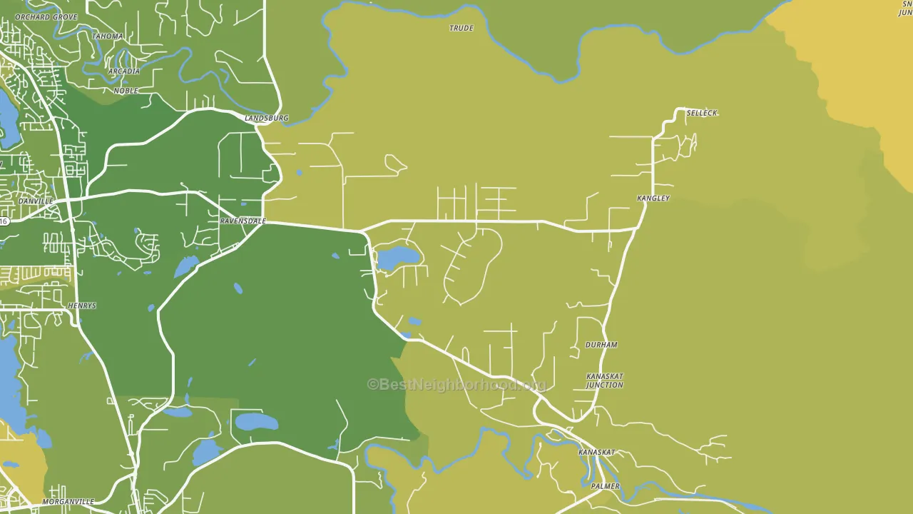 Map of the best neighborhoods in the 98051 area, with better matches in green and worse matches in red
