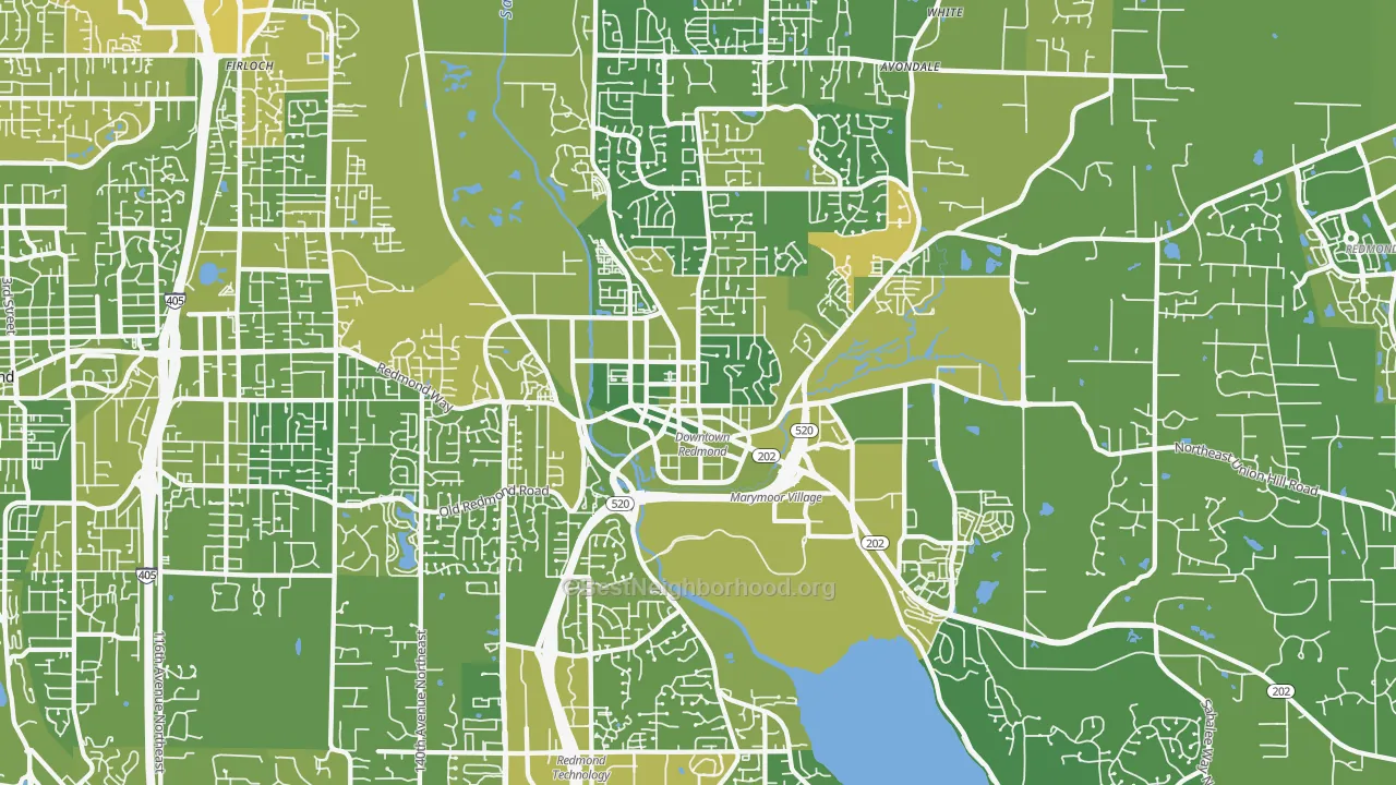 Map of the best neighborhoods in the 98052 area, with better matches in green and worse matches in red
