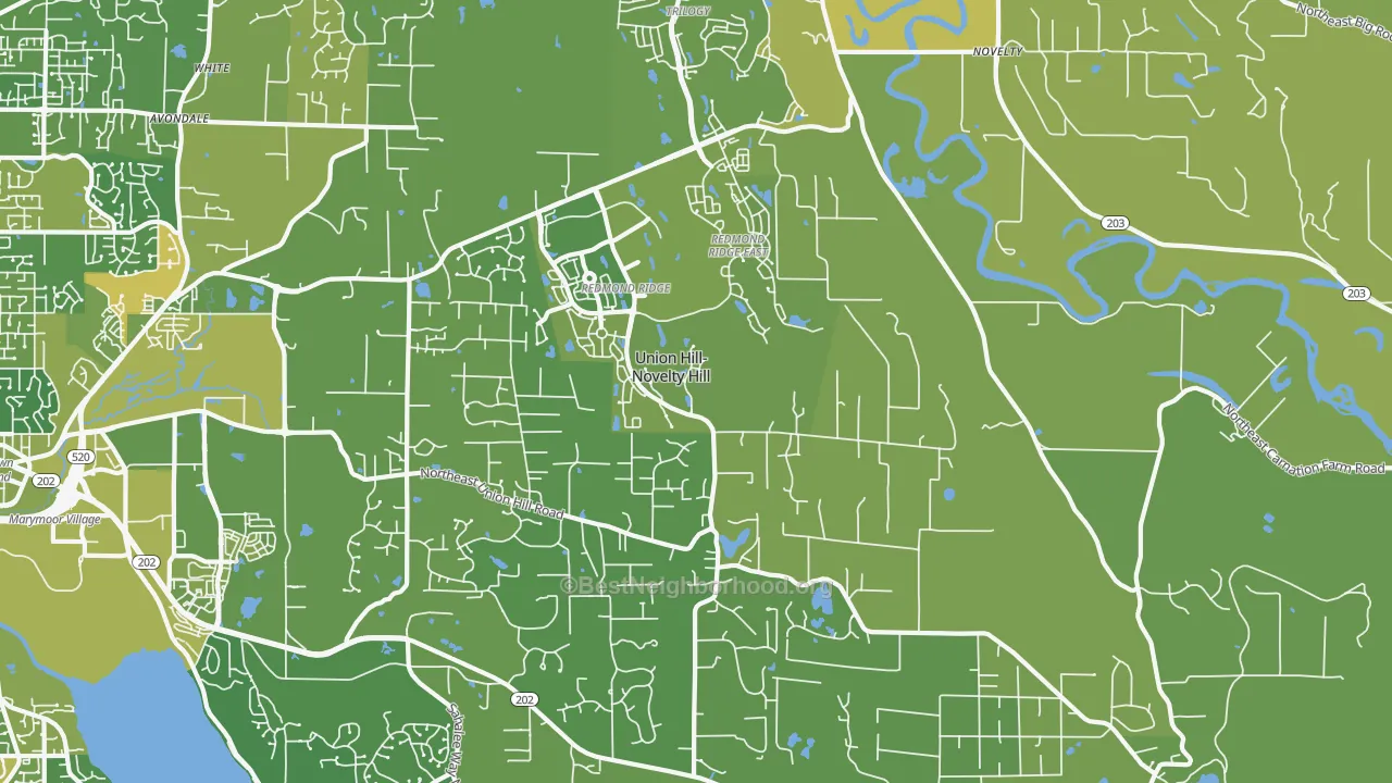 Map of the best neighborhoods in the 98053 area, with better matches in green and worse matches in red
