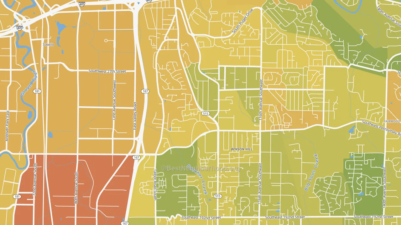 Map of the best neighborhoods in the 98055 area, with better matches in green and worse matches in red