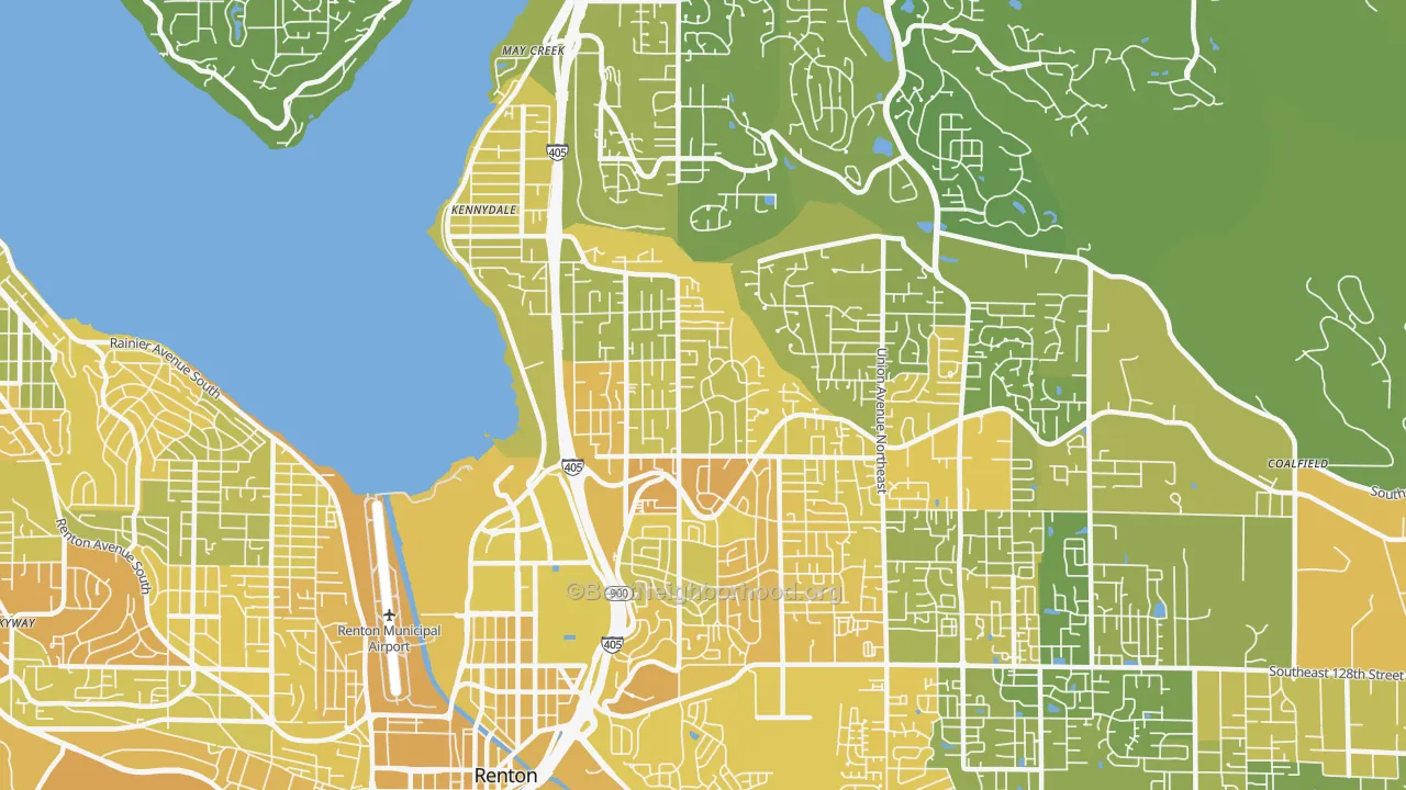 Map of the best neighborhoods in the 98056 area, with better matches in green and worse matches in red
