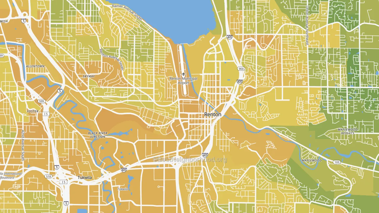 Map of the best neighborhoods in the 98057 area, with better matches in green and worse matches in red