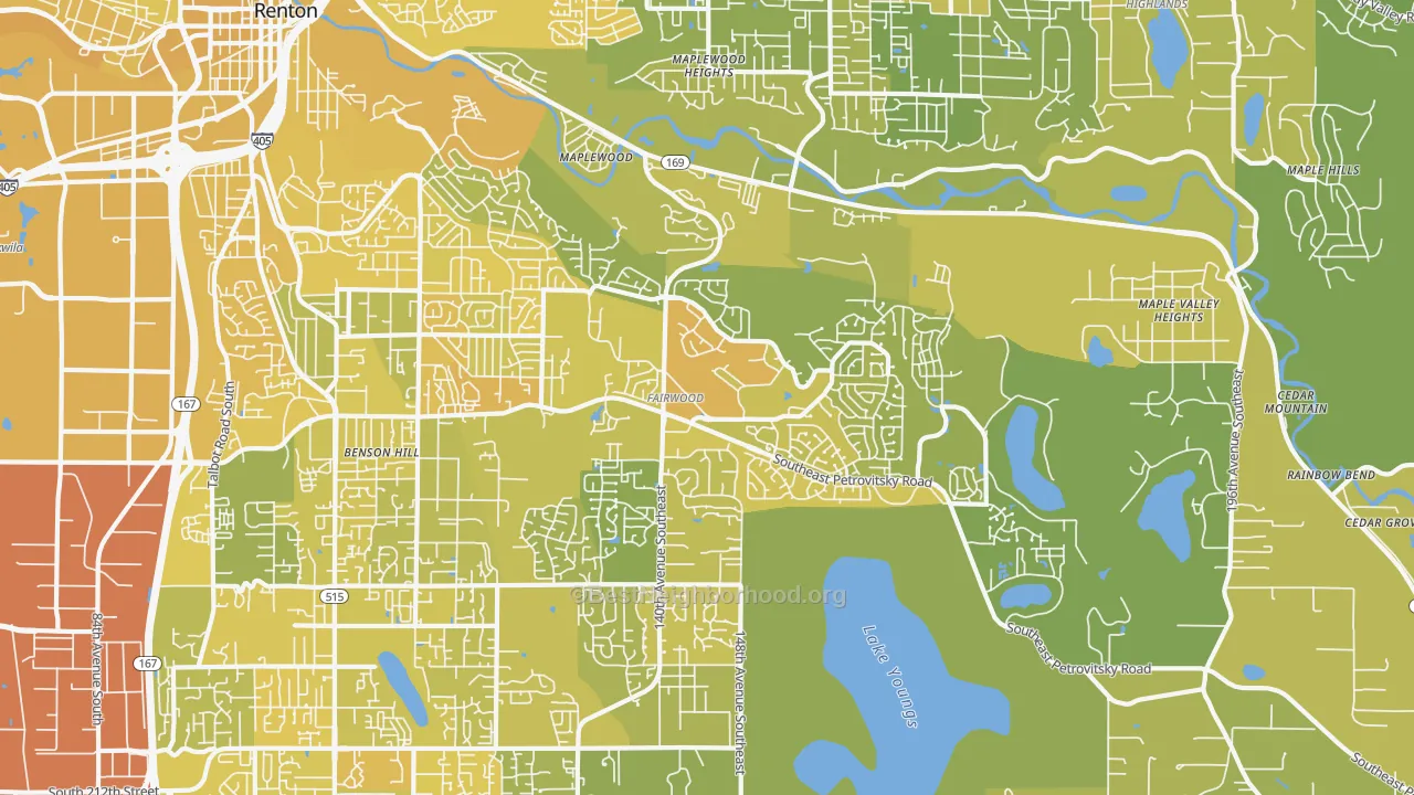 Map of the best neighborhoods in the 98058 area, with better matches in green and worse matches in red