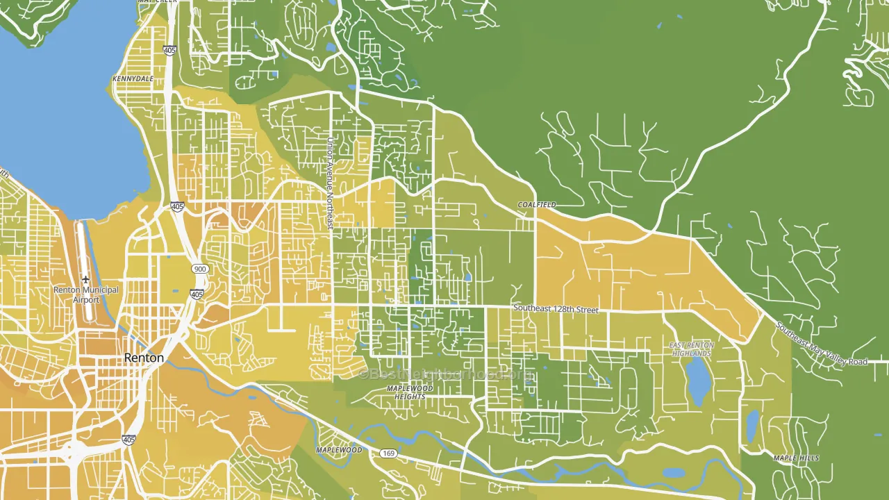 Map of the best neighborhoods in the 98059 area, with better matches in green and worse matches in red