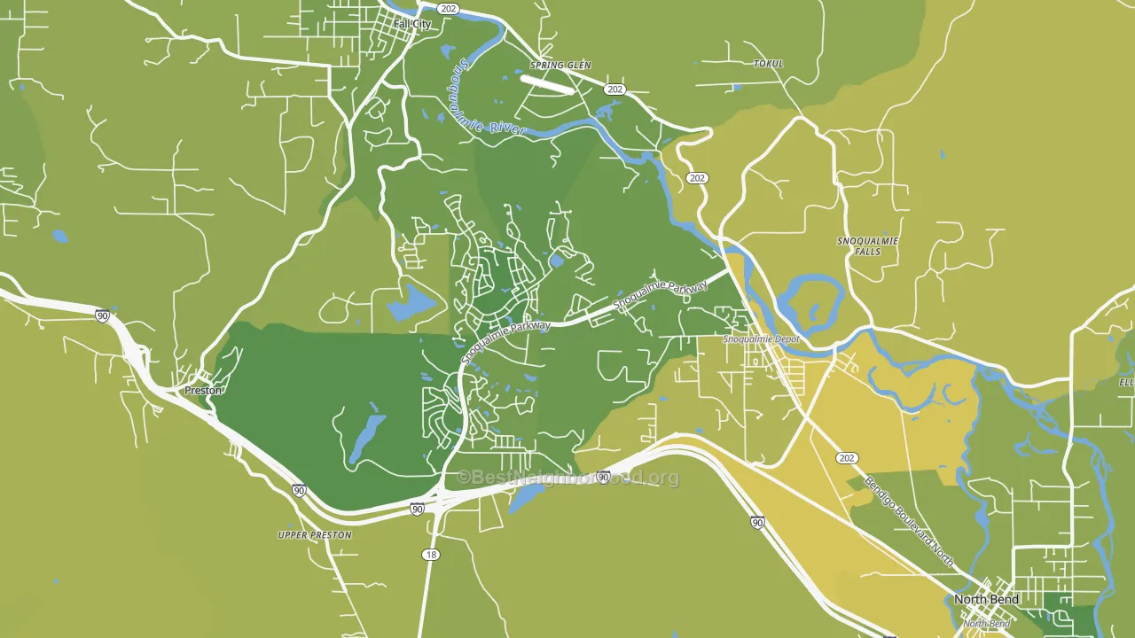 Map of the best neighborhoods in the 98065 area, with better matches in green and worse matches in red