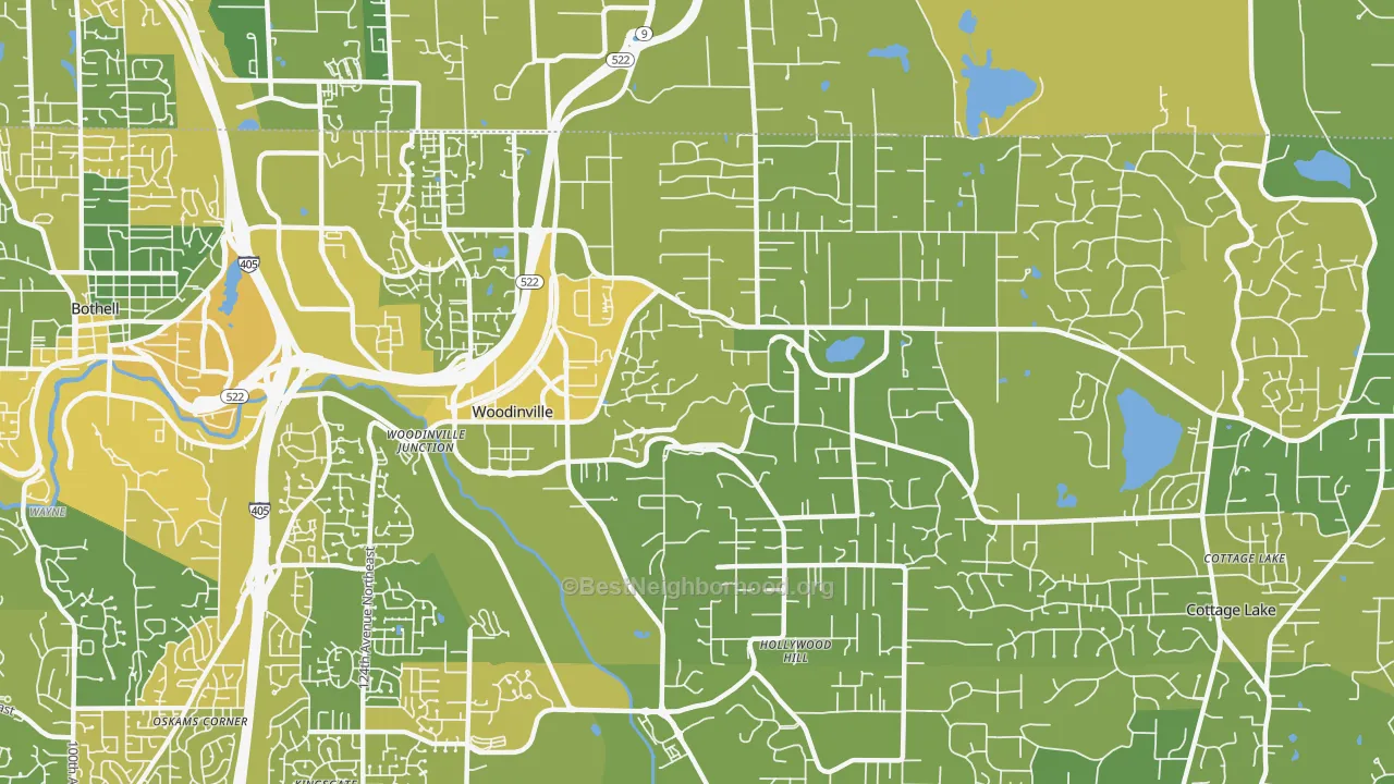 Map of the best neighborhoods in the 98072 area, with better matches in green and worse matches in red