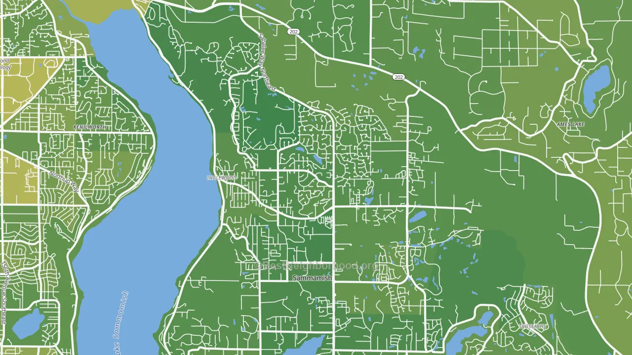 Map of the best neighborhoods in the 98074 area, with better matches in green and worse matches in red