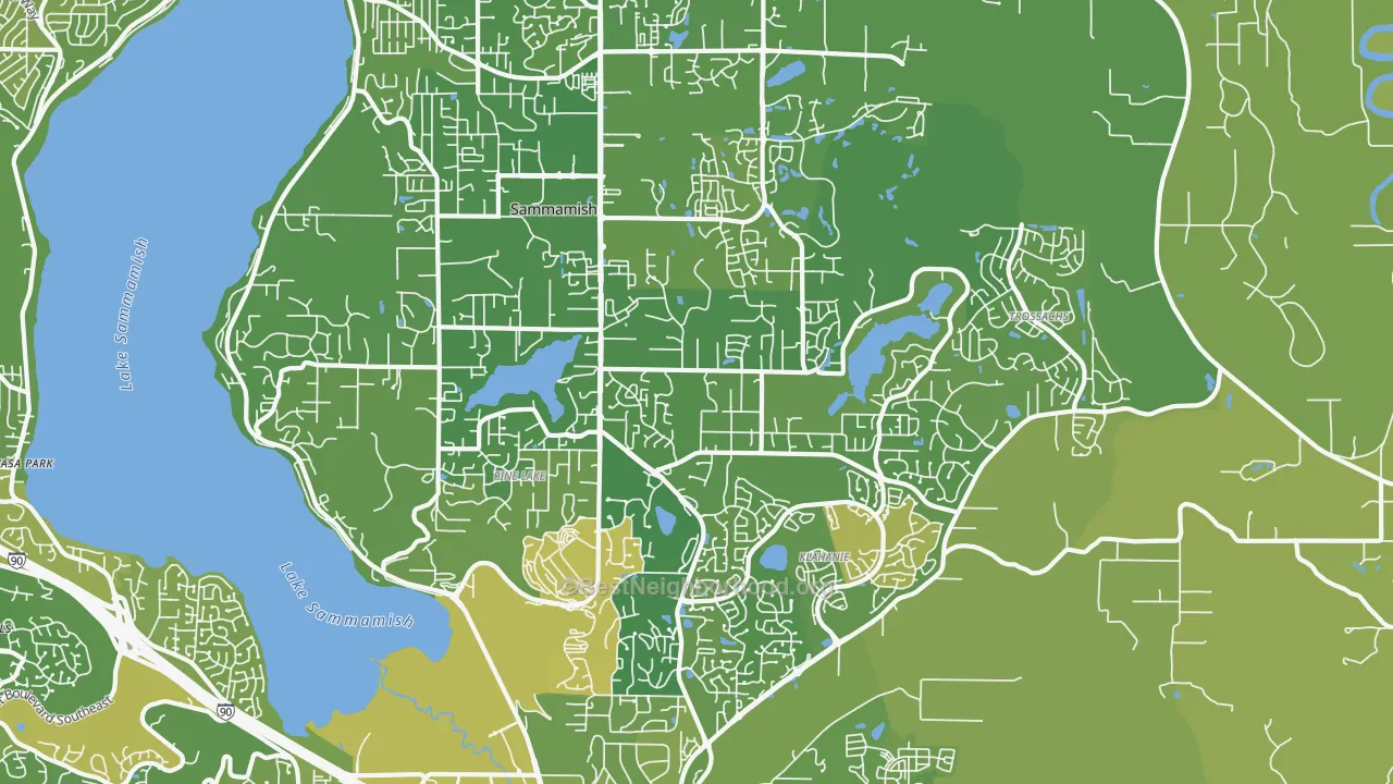 Map of the best neighborhoods in the 98075 area, with better matches in green and worse matches in red