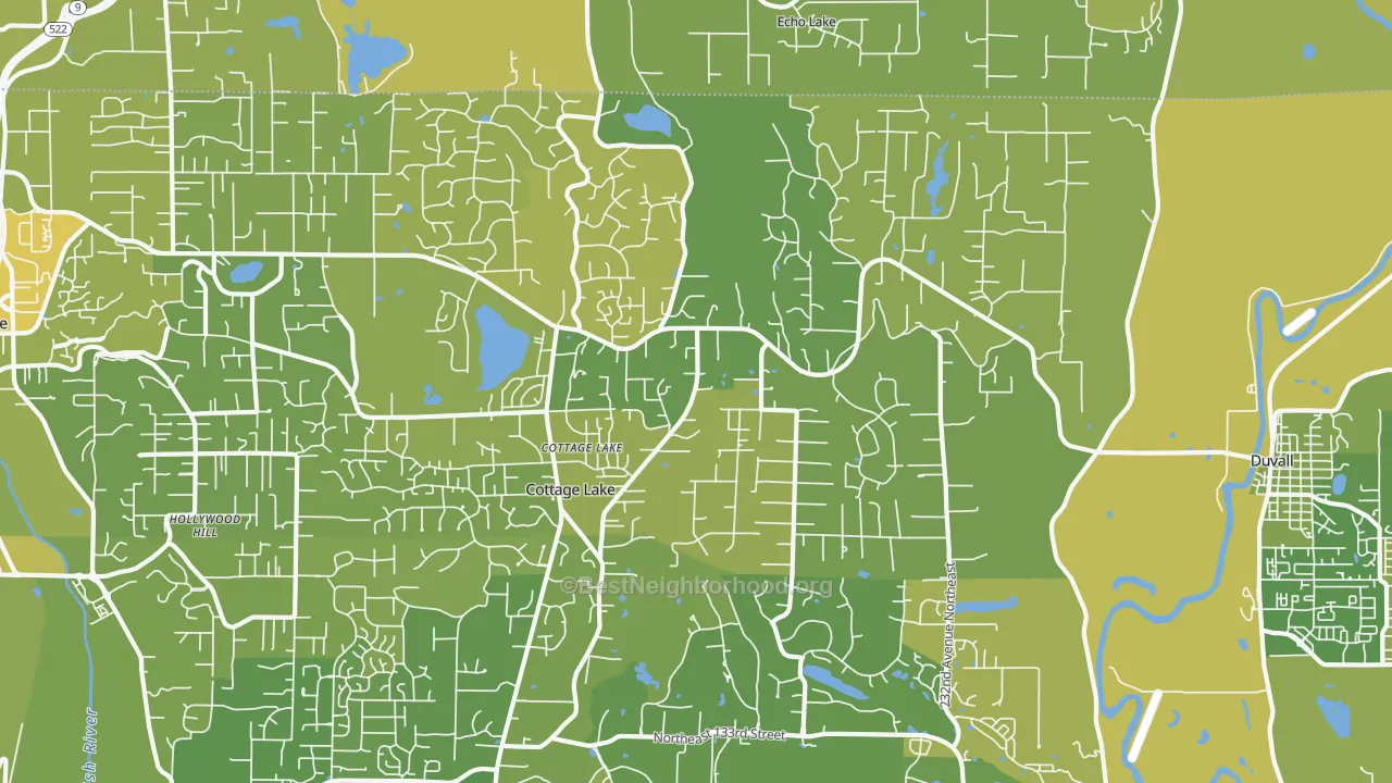 Map of the best neighborhoods in the 98077 area, with better matches in green and worse matches in red