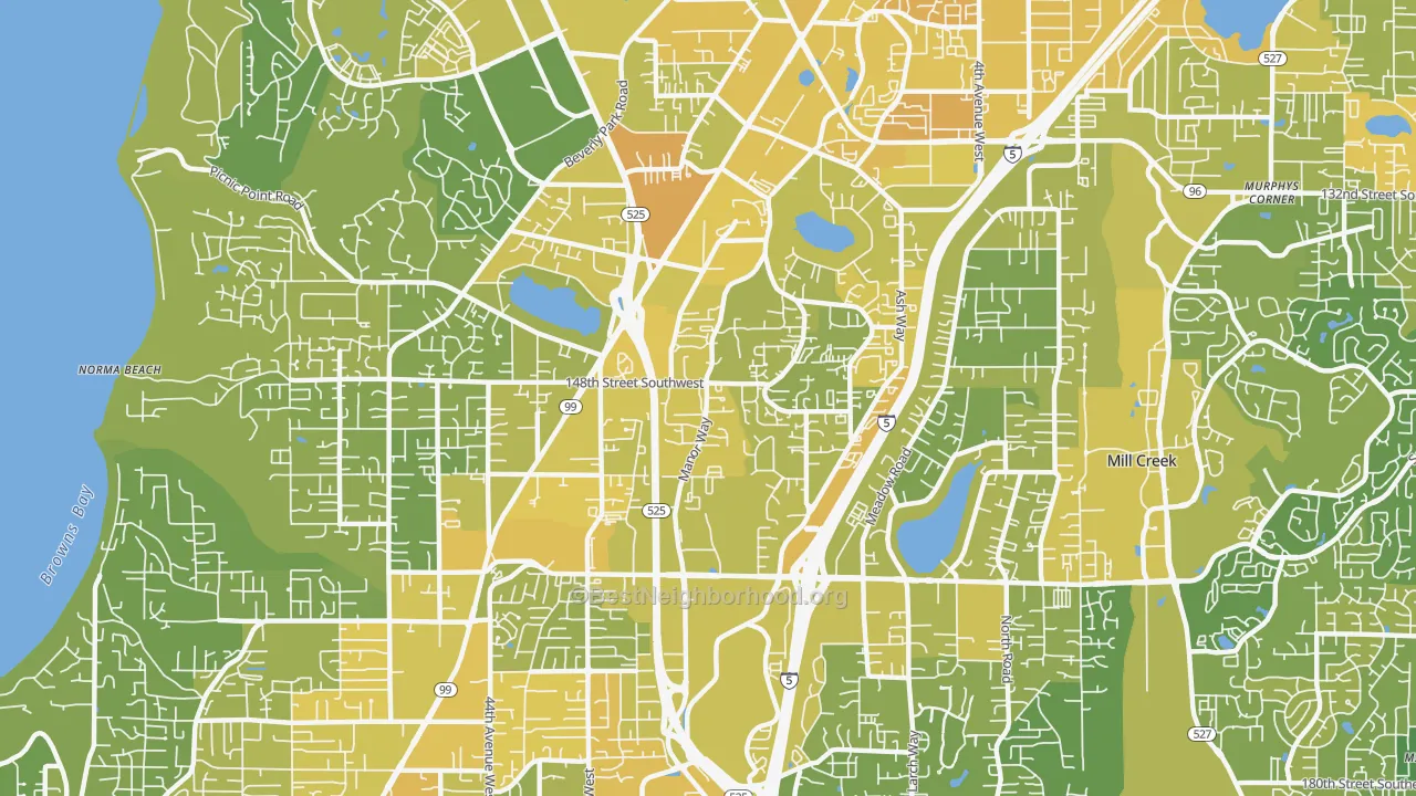 Map of the best neighborhoods in the 98087 area, with better matches in green and worse matches in red