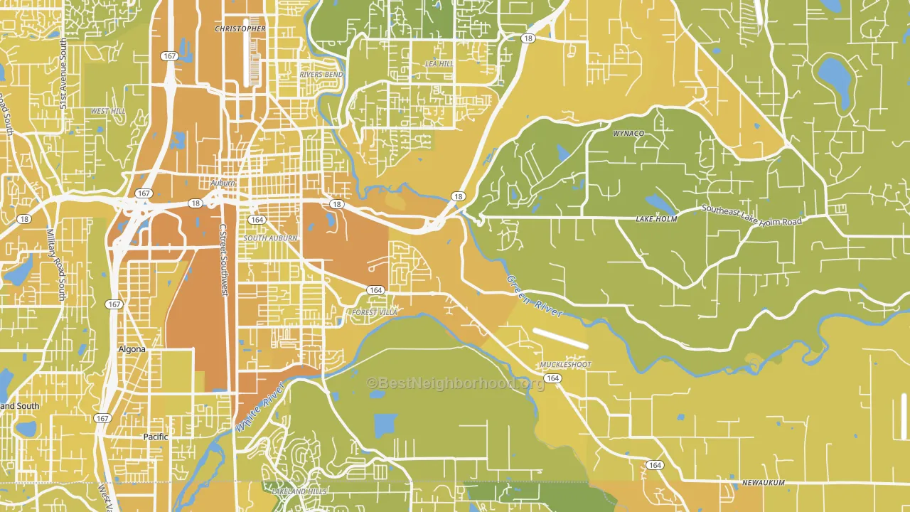 Map of the best neighborhoods in the 98092 area, with better matches in green and worse matches in red