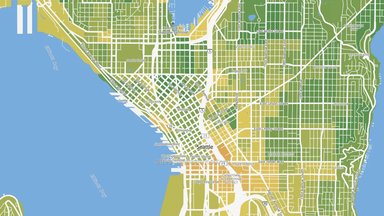 Map of the best neighborhoods in the 98101 area, with better matches in green and worse matches in red