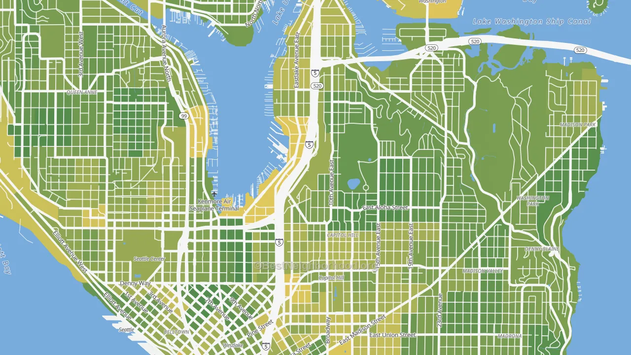 Map of the best neighborhoods in the 98102 area, with better matches in green and worse matches in red