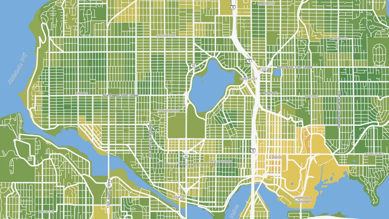 Map of the best neighborhoods in the 98103 area, with better matches in green and worse matches in red