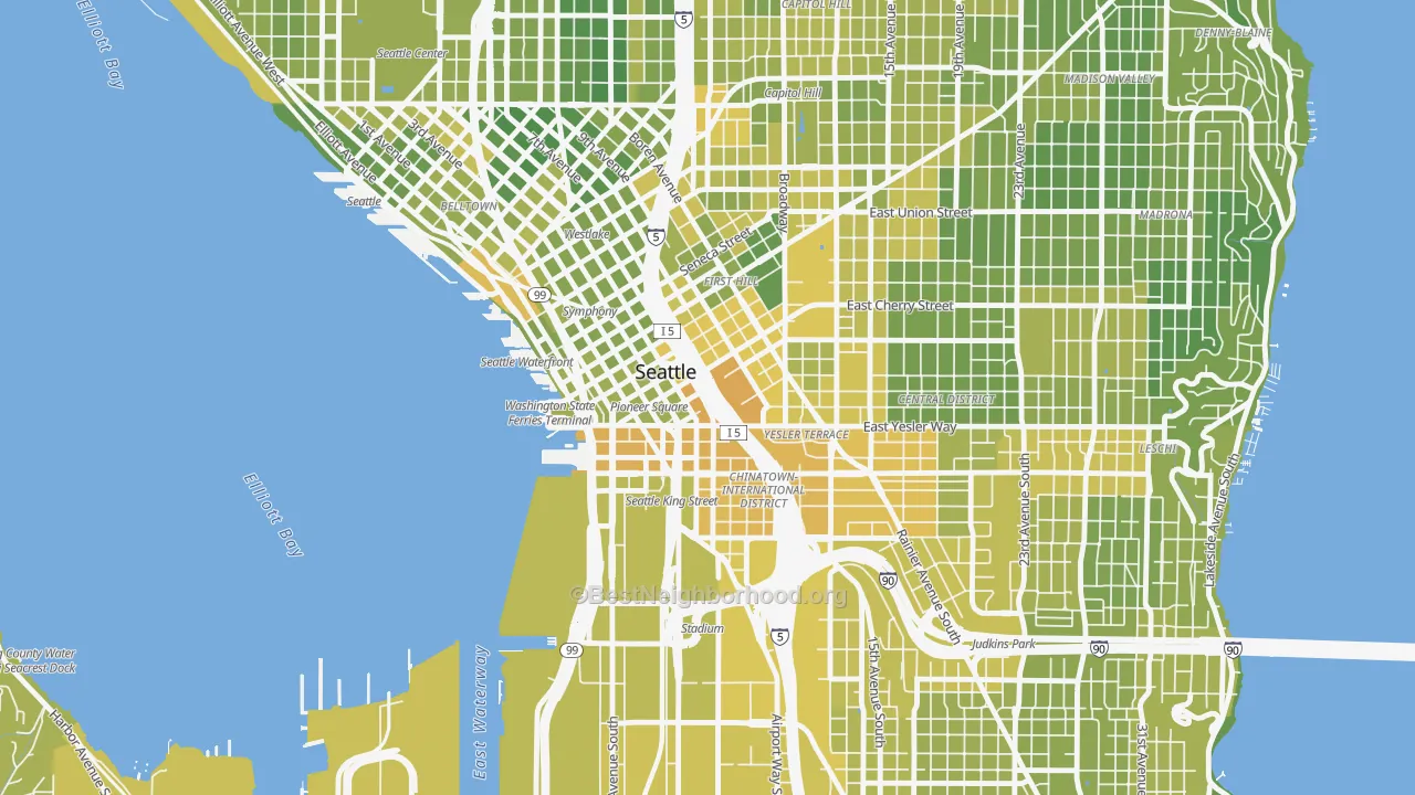 Map of the best neighborhoods in the 98104 area, with better matches in green and worse matches in red