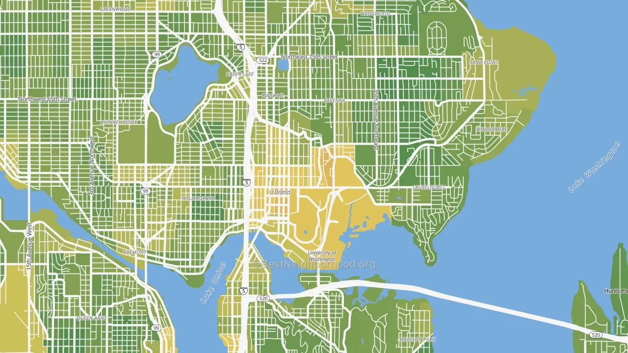 Map of the best neighborhoods in the 98105 area, with better matches in green and worse matches in red
