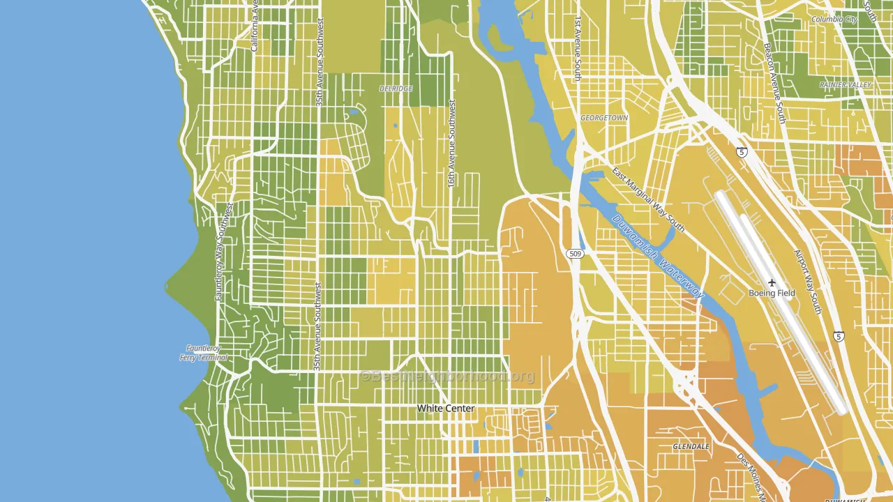 Map of the best neighborhoods in the 98106 area, with better matches in green and worse matches in red
