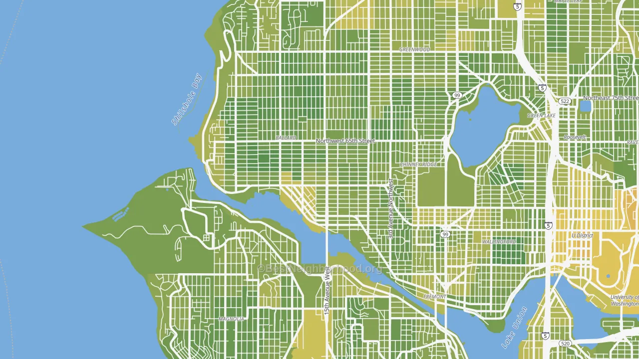 Map of the best neighborhoods in the 98107 area, with better matches in green and worse matches in red