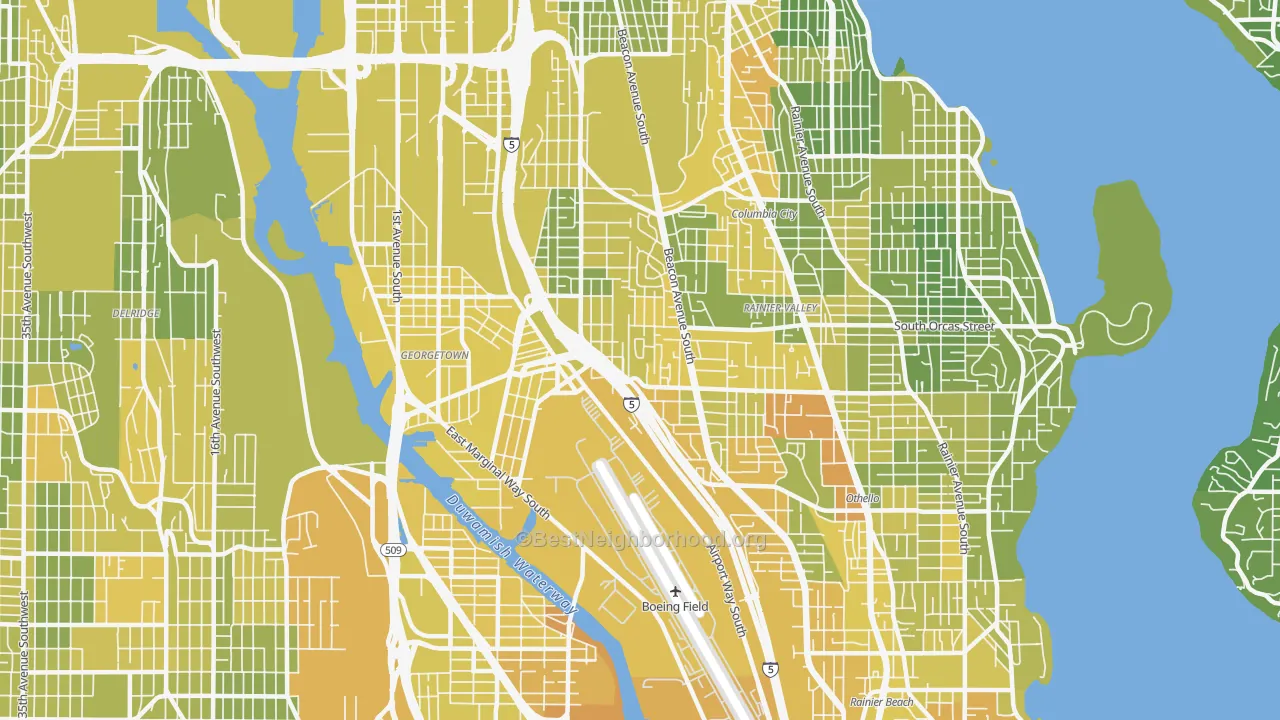 Map of the best neighborhoods in the 98108 area, with better matches in green and worse matches in red