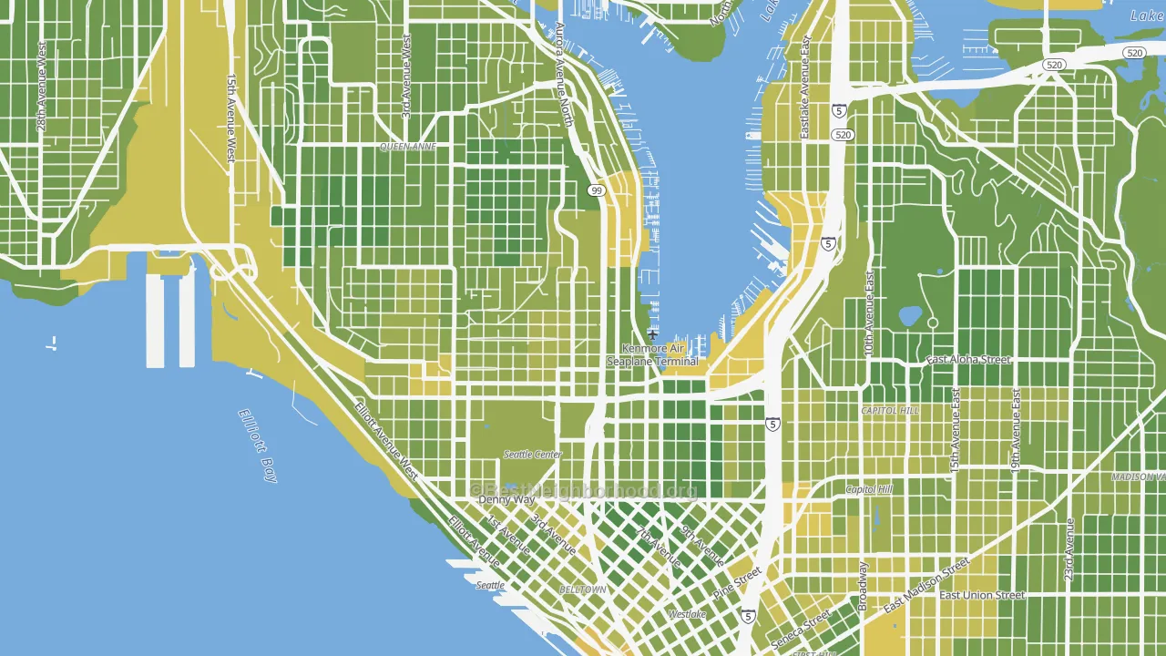 Map of the best neighborhoods in the 98109 area, with better matches in green and worse matches in red
