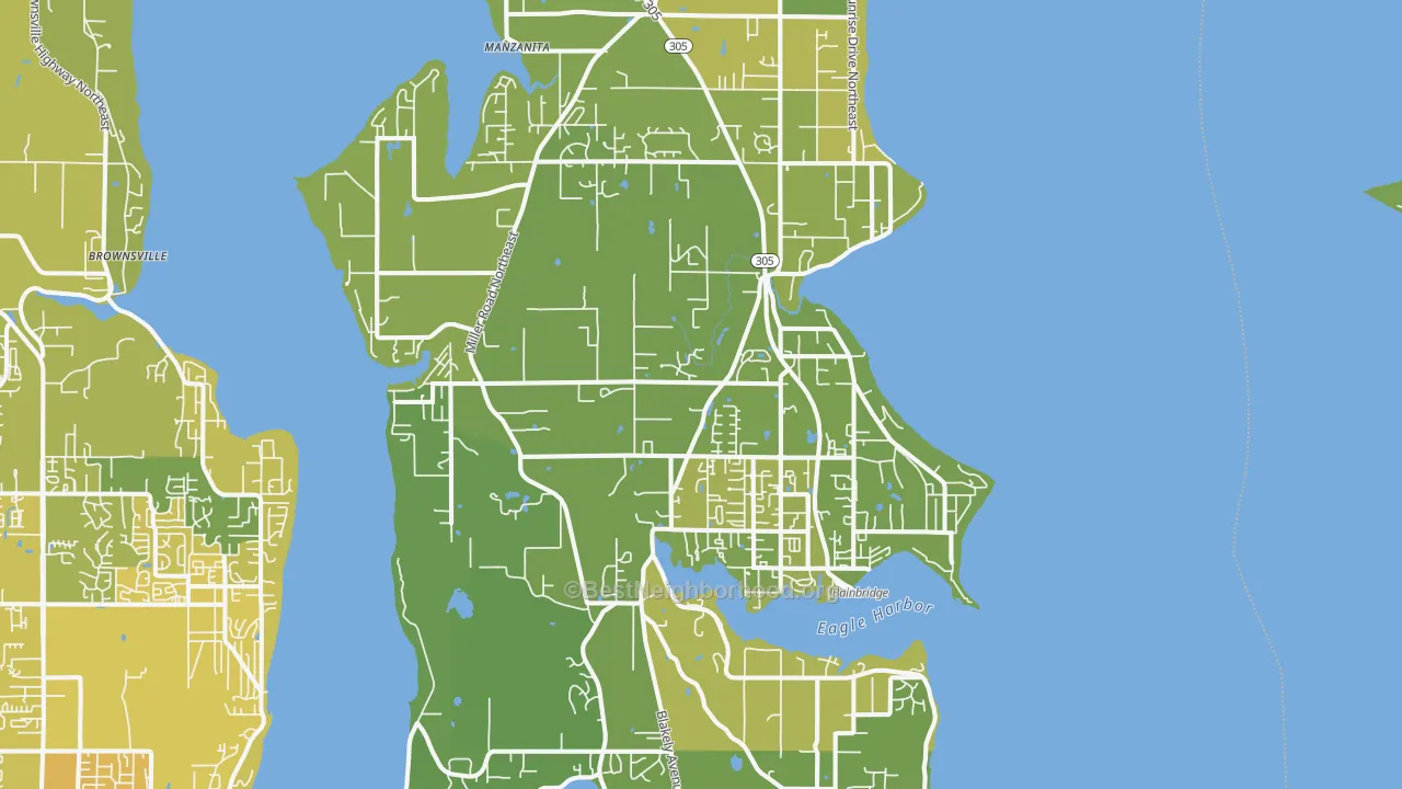 Map of the best neighborhoods in the 98110 area, with better matches in green and worse matches in red