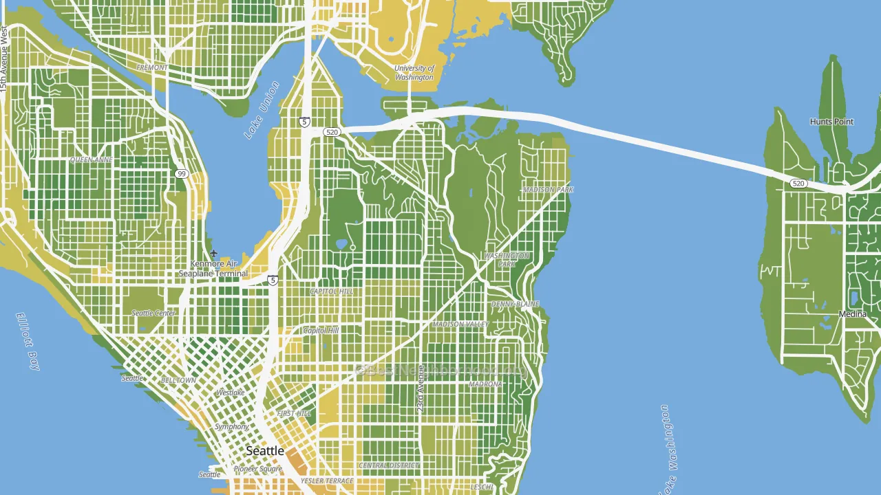 Map of the best neighborhoods in the 98112 area, with better matches in green and worse matches in red