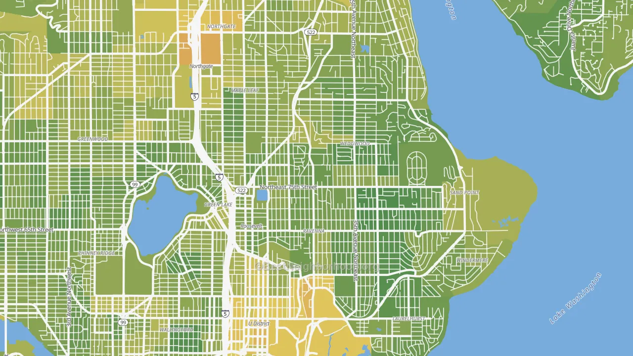Map of the best neighborhoods in the 98115 area, with better matches in green and worse matches in red