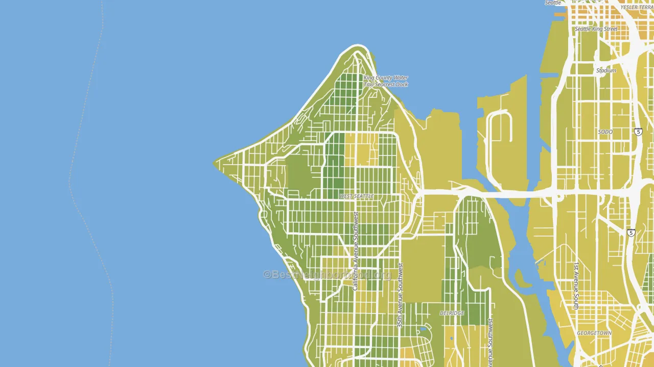 Map of the best neighborhoods in the 98116 area, with better matches in green and worse matches in red