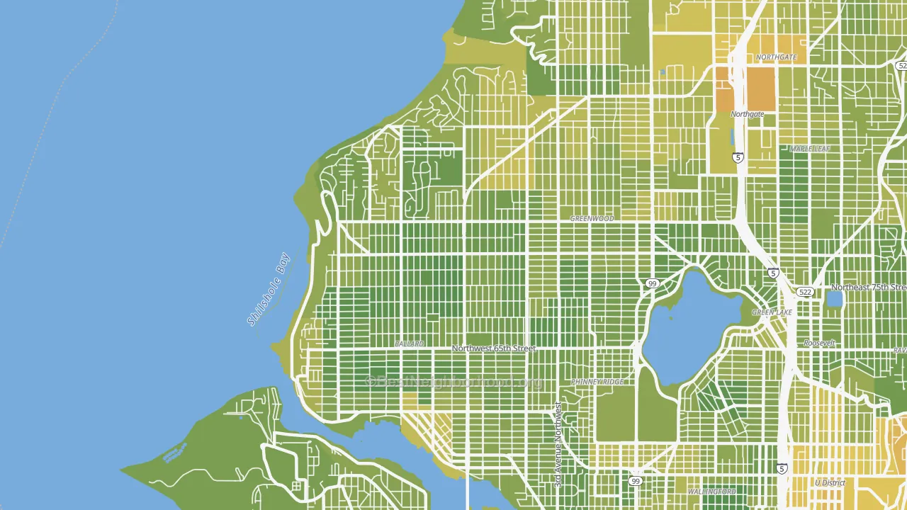 Map of the best neighborhoods in the 98117 area, with better matches in green and worse matches in red