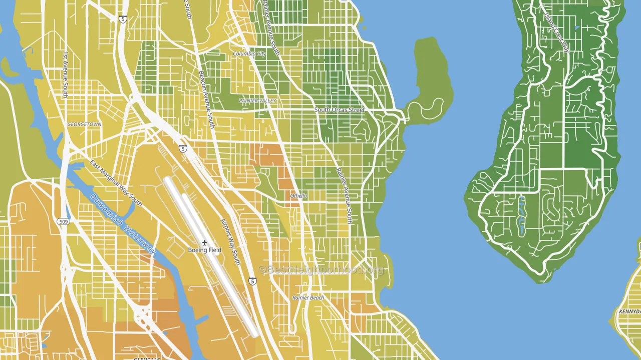 Map of the best neighborhoods in the 98118 area, with better matches in green and worse matches in red