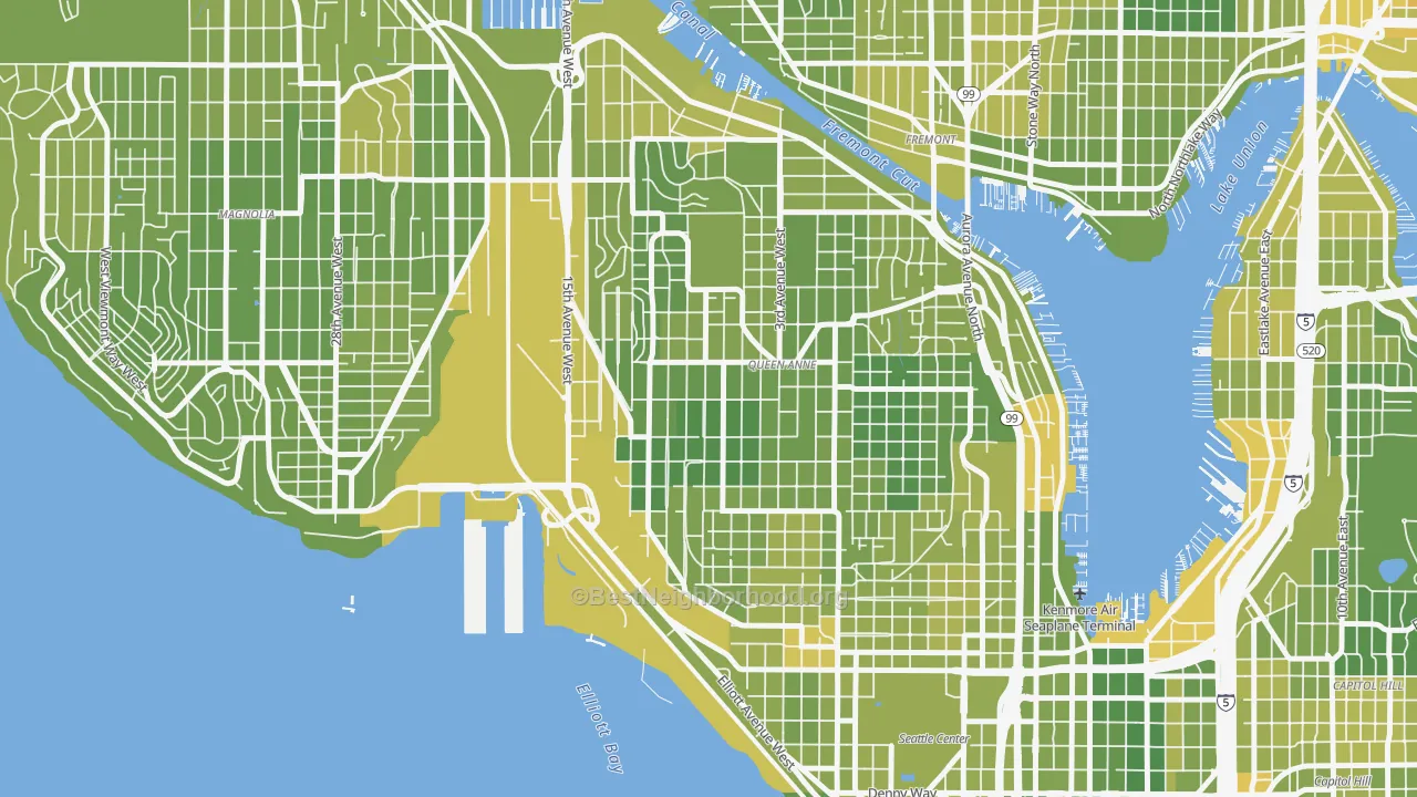 Map of the best neighborhoods in the 98119 area, with better matches in green and worse matches in red