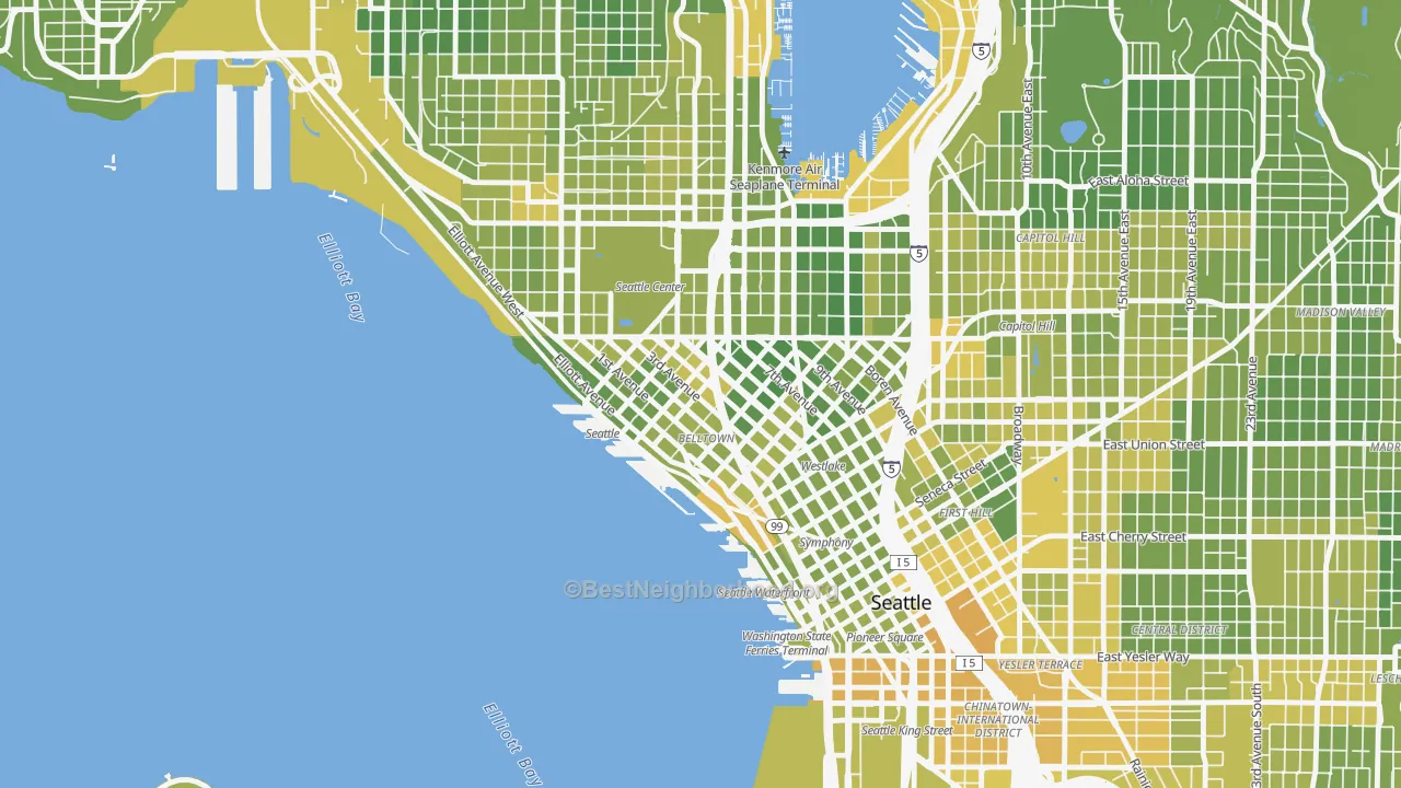 Map of the best neighborhoods in the 98121 area, with better matches in green and worse matches in red