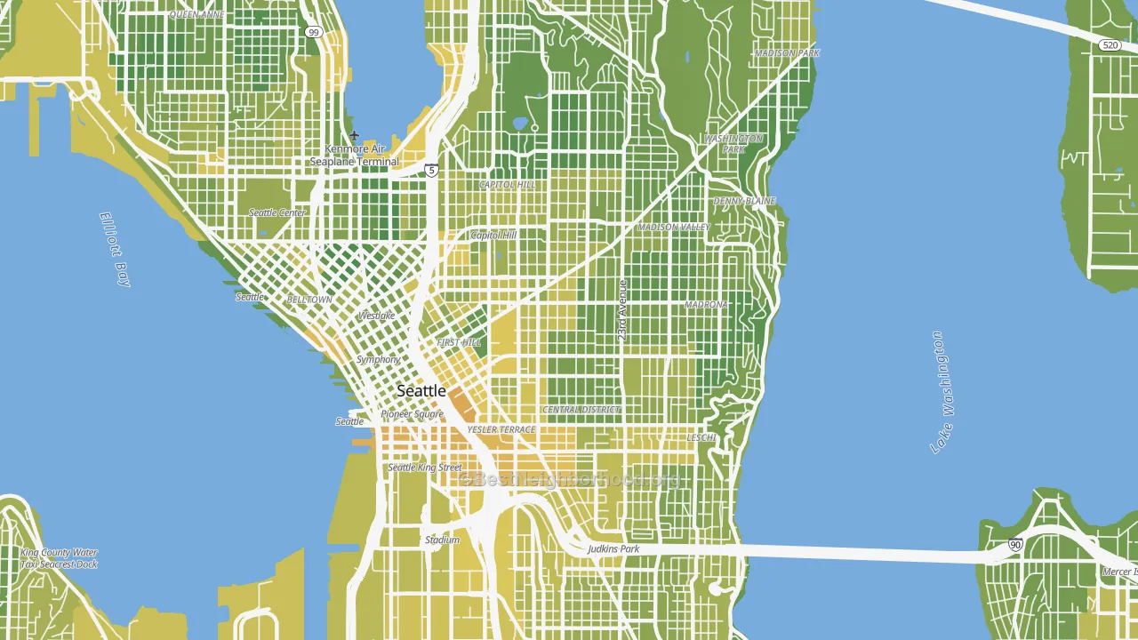 Map of the best neighborhoods in the 98122 area, with better matches in green and worse matches in red