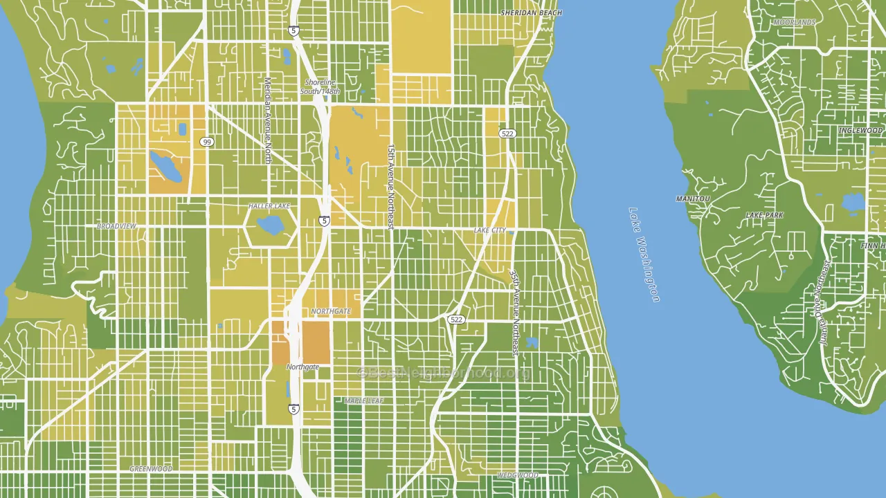 Map of the best neighborhoods in the 98125 area, with better matches in green and worse matches in red