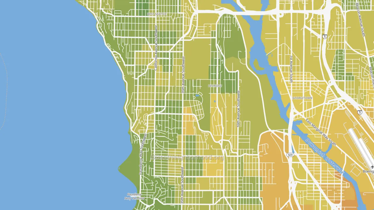 Map of the best neighborhoods in the 98126 area, with better matches in green and worse matches in red