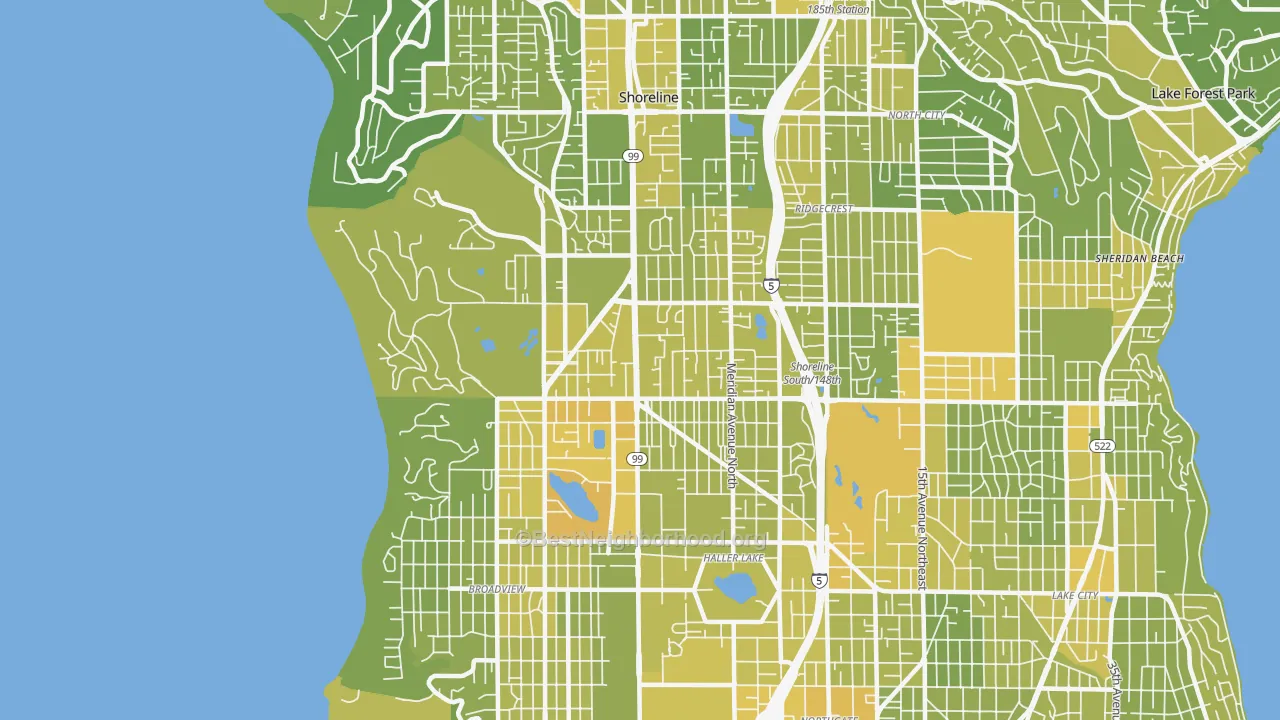 Map of the best neighborhoods in the 98133 area, with better matches in green and worse matches in red