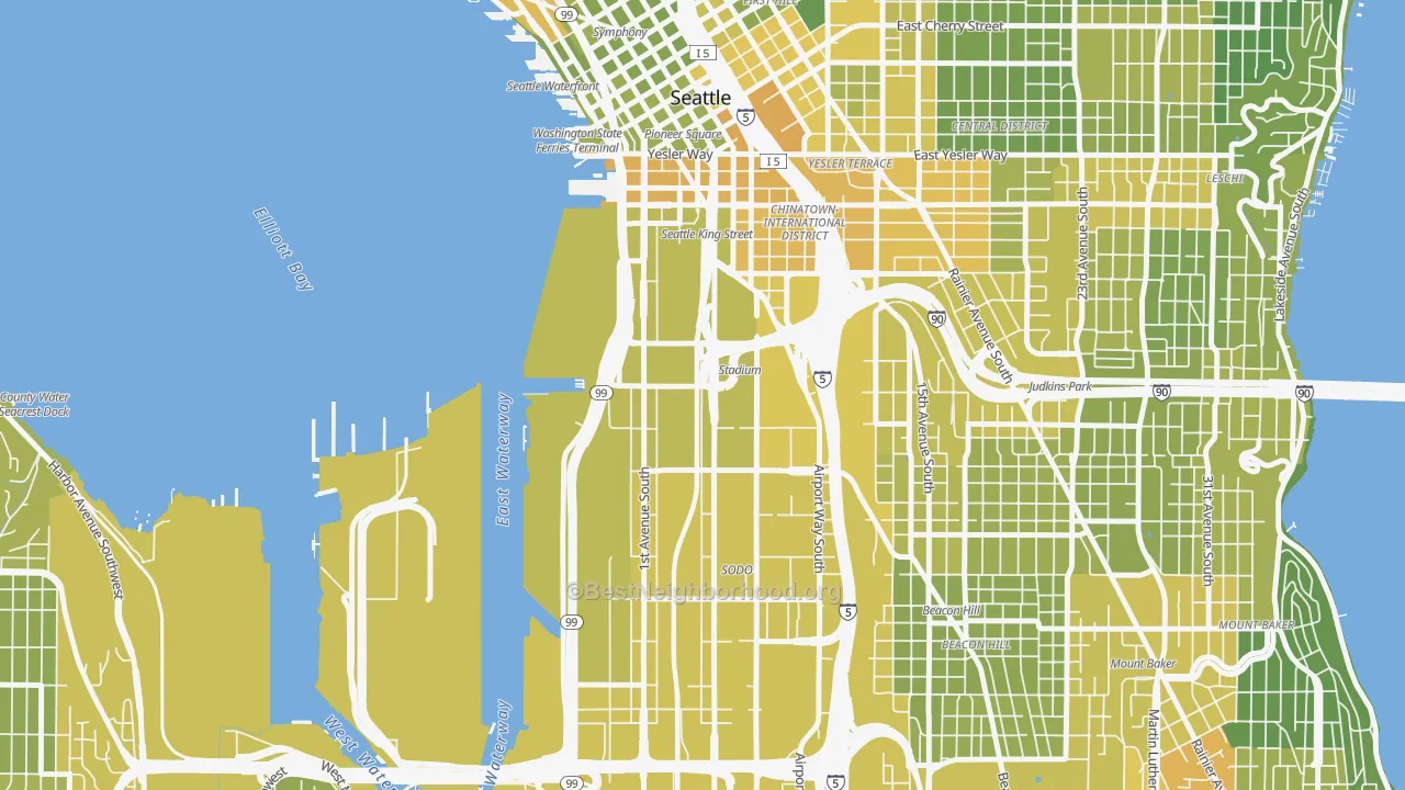 Map of the best neighborhoods in the 98134 area, with better matches in green and worse matches in red