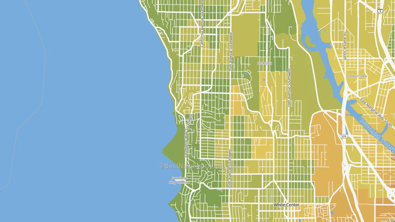 Map of the best neighborhoods in the 98136 area, with better matches in green and worse matches in red