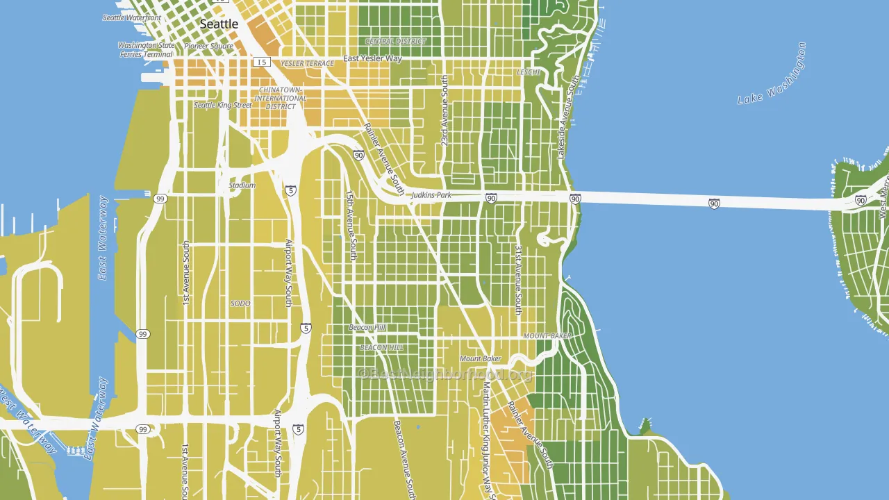 Map of the best neighborhoods in the 98144 area, with better matches in green and worse matches in red