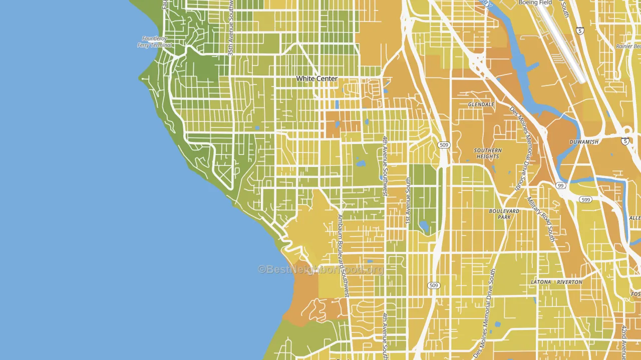 Map of the best neighborhoods in the 98146 area, with better matches in green and worse matches in red