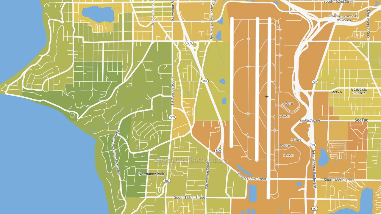 Map of the best neighborhoods in the 98148 area, with better matches in green and worse matches in red