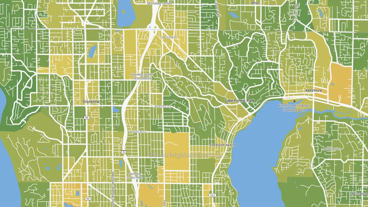 Map of the best neighborhoods in the 98155 area, with better matches in green and worse matches in red