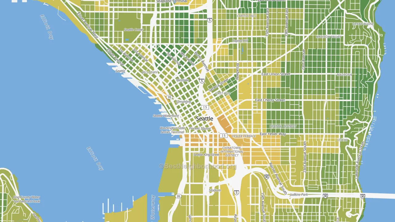 Map of the best neighborhoods in the 98164 area, with better matches in green and worse matches in red