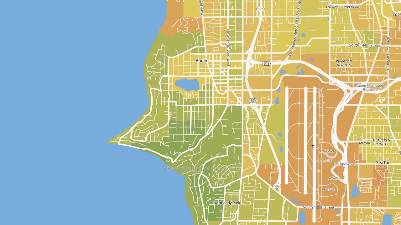 Map of the best neighborhoods in the 98166 area, with better matches in green and worse matches in red