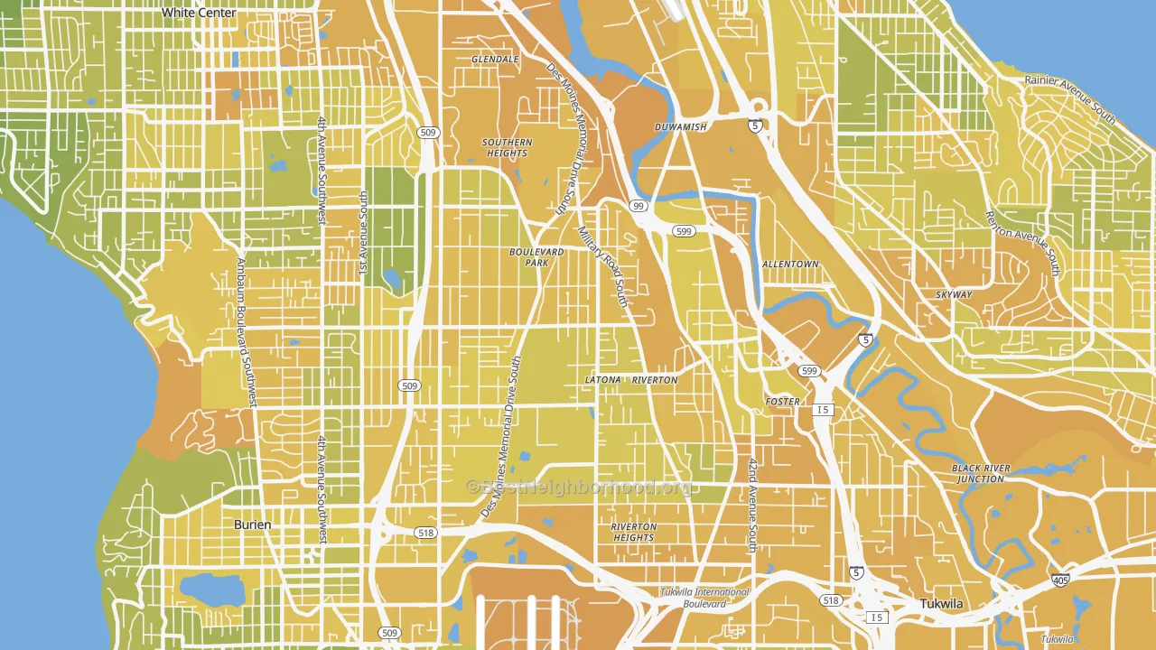 Map of the best neighborhoods in the 98168 area, with better matches in green and worse matches in red
