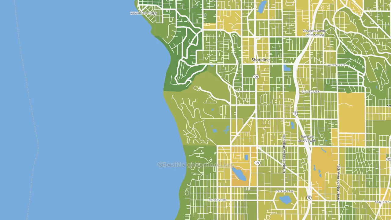 Map of the best neighborhoods in the 98177 area, with better matches in green and worse matches in red