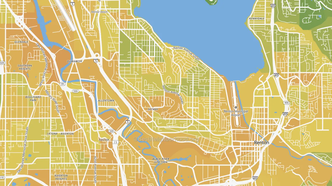 Map of the best neighborhoods in the 98178 area, with better matches in green and worse matches in red