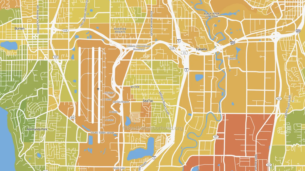 Map of the best neighborhoods in the 98188 area, with better matches in green and worse matches in red